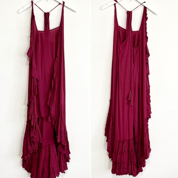 Free People Tiered Summer Wrap Around Ruffle Maxi Dress Red Berry Size XS - Picture 6 of 9